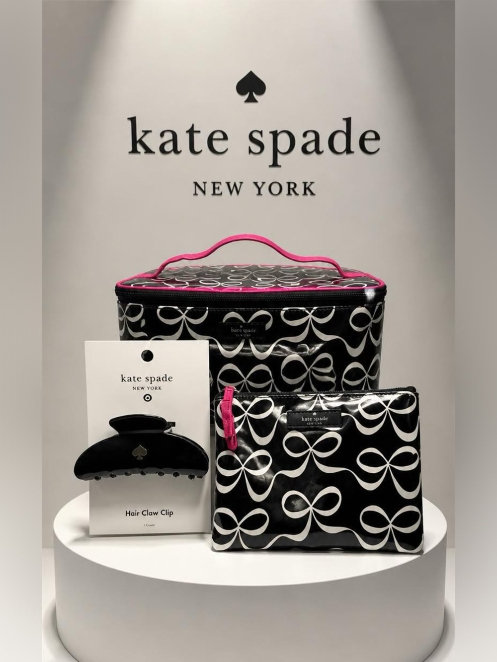 🌸3-Pc Set🌸kate spade NY Jae Elegant Bow-Print Cosmetic/Makeup Case & Hair Clip